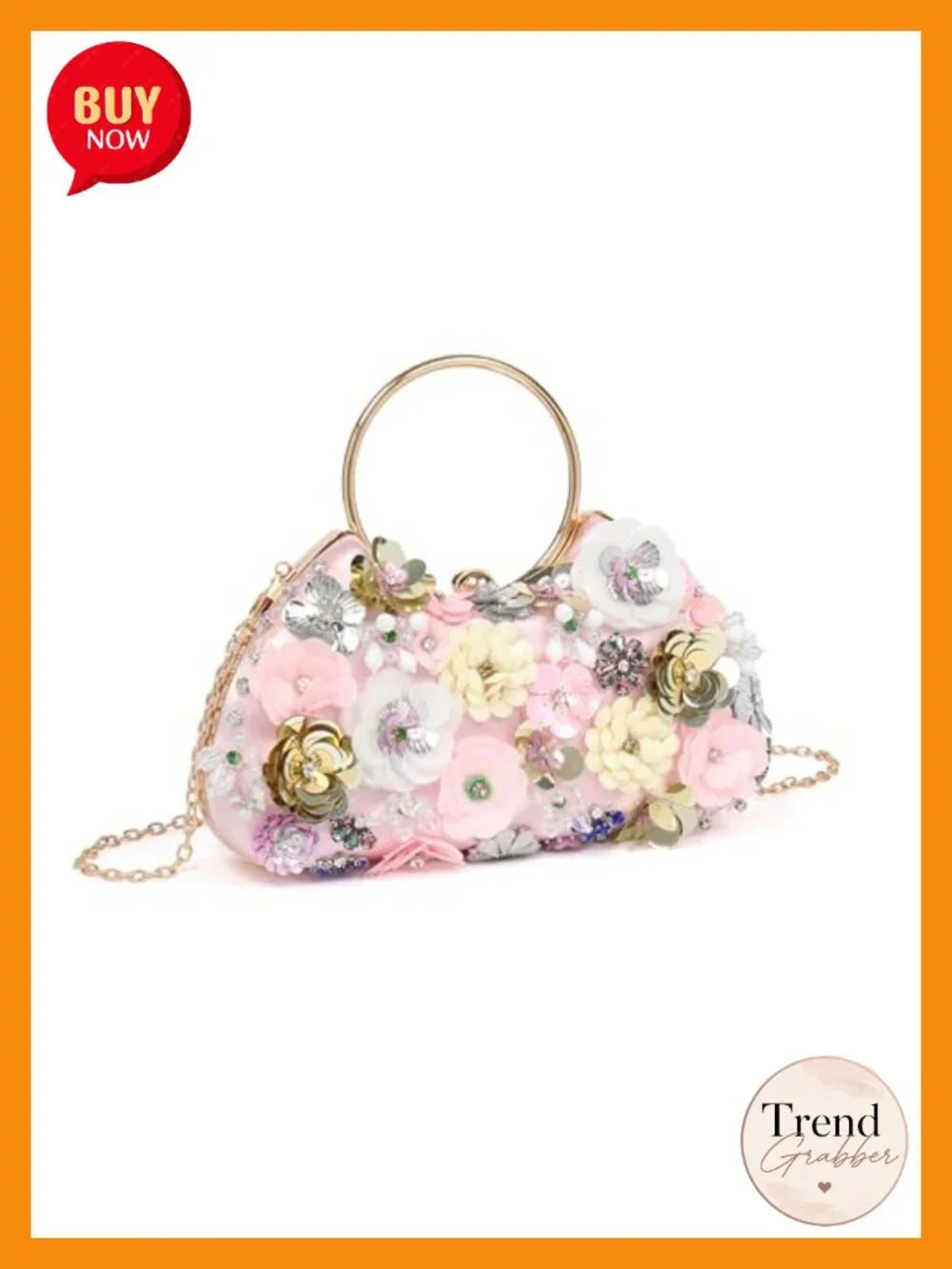 Handmade 3D Floral Sequin Evening Bag Beaded Clutch with Metal Ring Handle